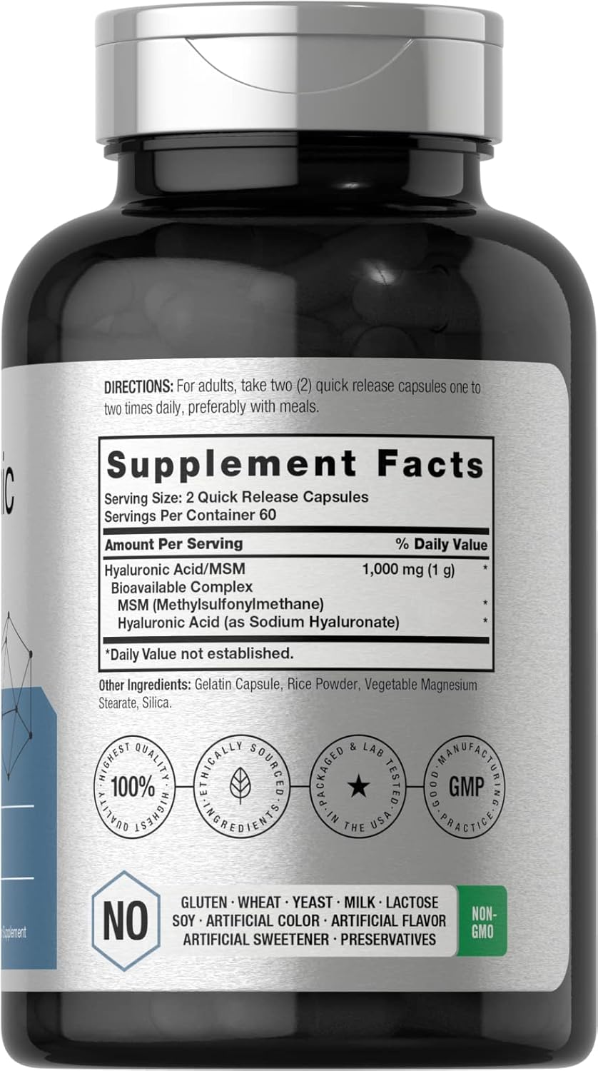 Horbäach Hyaluronic Acid with MSM | 1000 mg | 120 Capsules | Non-GMO and Gluten Free Supplement | Bioavailable Formula - Image 2