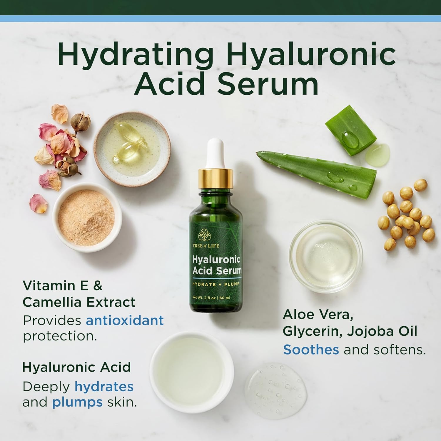 Tree of Life Hyaluronic Acid Serum For Face - Deep Hydration for Dry, Dehydrated, & Sensitive Skin - Dermatologist Tested - Moisturizing Treatment for Smooth Skin, 2 Fl Oz - Image 2