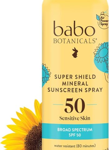Babo Botanicals Super Shield Mineral Sunscreen Spray SPF 50 with natural origin zinc oxide & titanium dioxide. Sensitive skin, vegan, fragrance-free, water resistant, air-powered spray - For all ages.