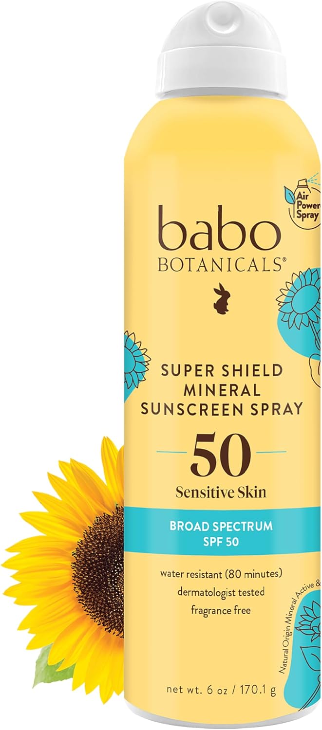 Babo Botanicals Super Shield Mineral Sunscreen Spray SPF 50 with natural origin zinc oxide & titanium dioxide. Sensitive skin, vegan, fragrance-free, water resistant, air-powered spray - For all ages.