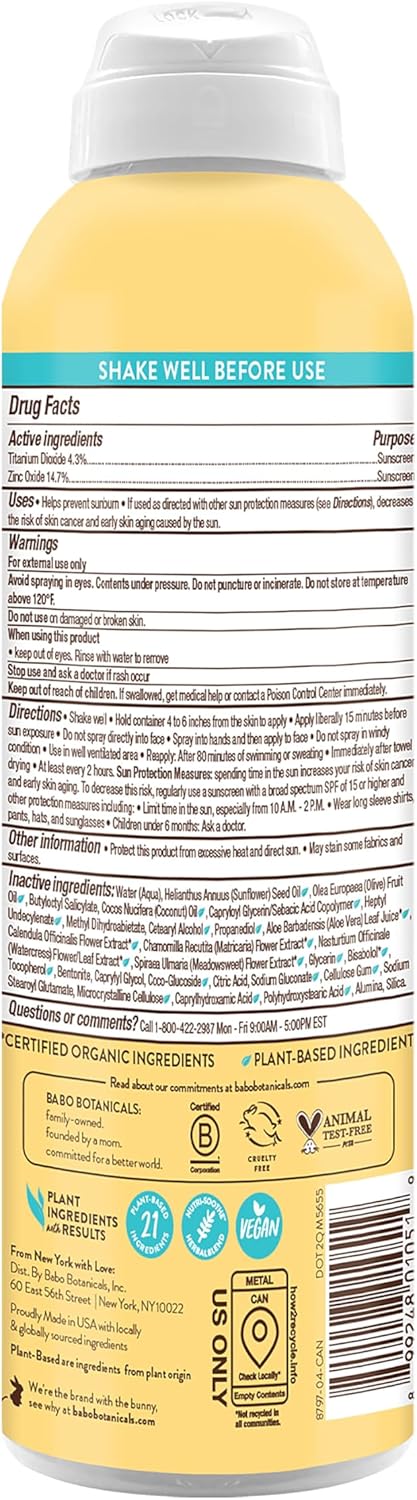 Babo Botanicals Super Shield Mineral Sunscreen Spray SPF 50 with natural origin zinc oxide & titanium dioxide. Sensitive skin, vegan, fragrance-free, water resistant, air-powered spray - For all ages. - Image 3