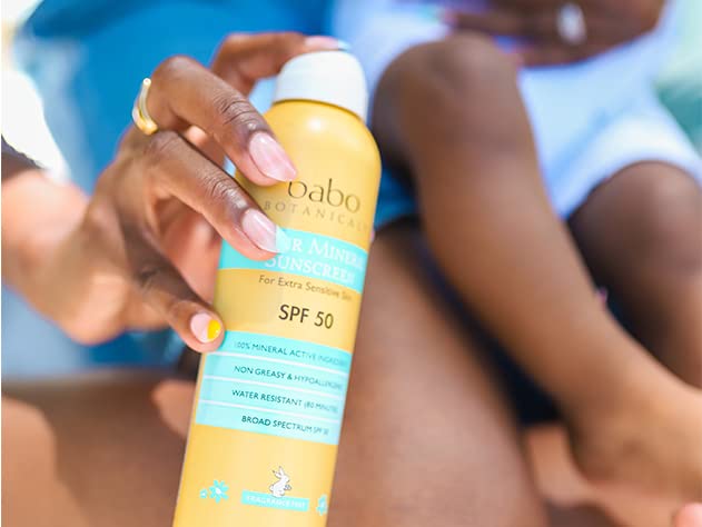 Babo Botanicals Super Shield Mineral Sunscreen Spray SPF 50 with natural origin zinc oxide & titanium dioxide. Sensitive skin, vegan, fragrance-free, water resistant, air-powered spray - For all ages. - Image 10