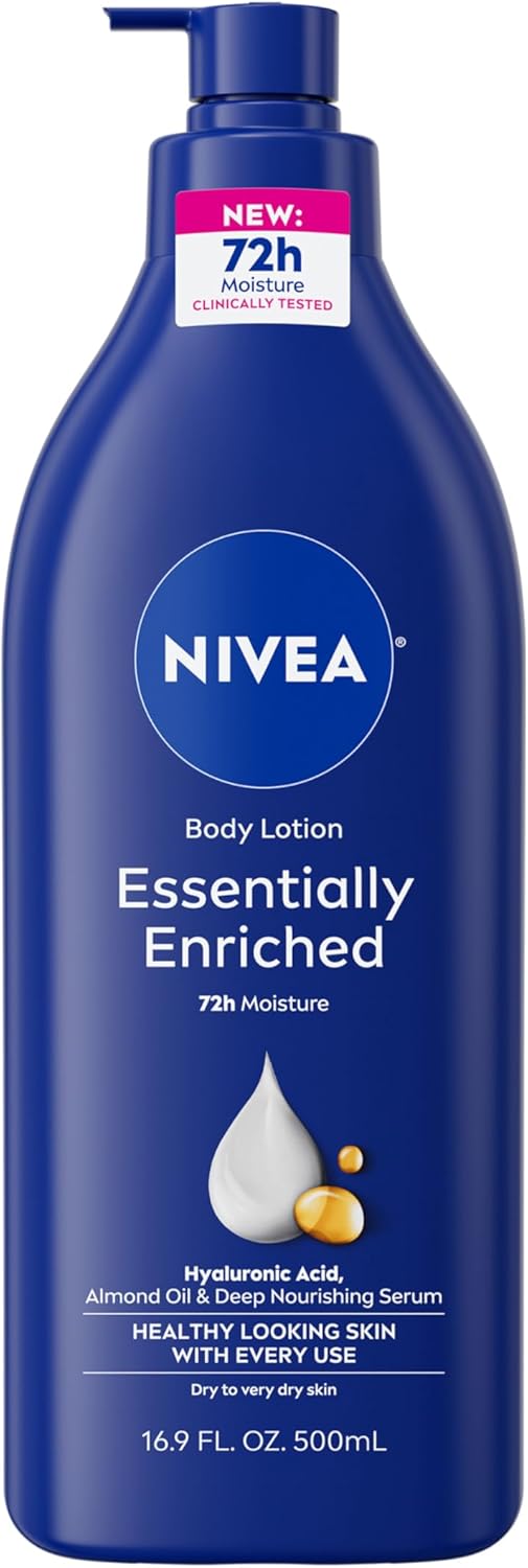 NIVEA Essentially Enriched Body Lotion for Very Dry Skin with Hyaluronic Acid, Almond Oil and Deep Nourishing Serum, 72-Hour Body Moisturizer, 16.9 Fl Oz Pump Bottle