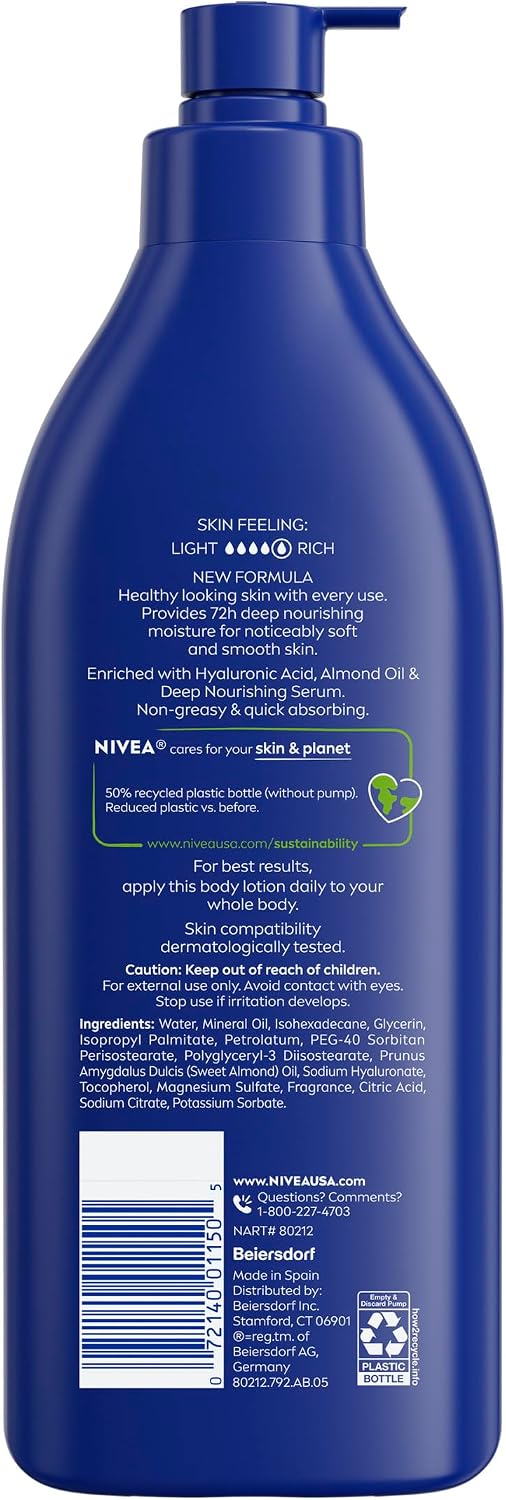 NIVEA Essentially Enriched Body Lotion for Very Dry Skin with Hyaluronic Acid, Almond Oil and Deep Nourishing Serum, 72-Hour Body Moisturizer, 16.9 Fl Oz Pump Bottle - Image 11