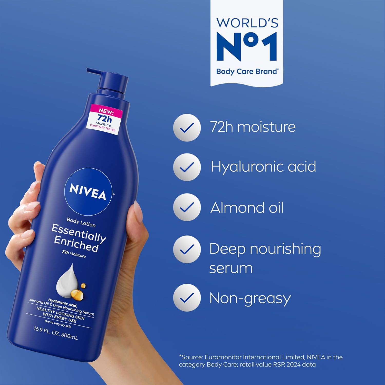 NIVEA Essentially Enriched Body Lotion for Very Dry Skin with Hyaluronic Acid, Almond Oil and Deep Nourishing Serum, 72-Hour Body Moisturizer, 16.9 Fl Oz Pump Bottle - Image 3